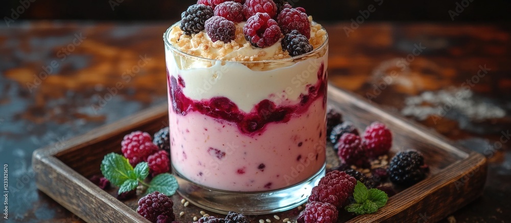 Poster dessert glass with layered raspberry and blackberry mousse topped with fresh berries and mint leaves