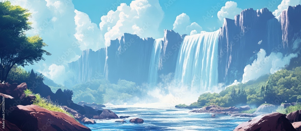 Poster majestic waterfall cascading through rocky terrain with vibrant nature scenery and ample blank space