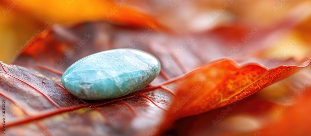 Poster blue gemstone resting on colorful autumn leaves with shallow depth of field and copy space for text 