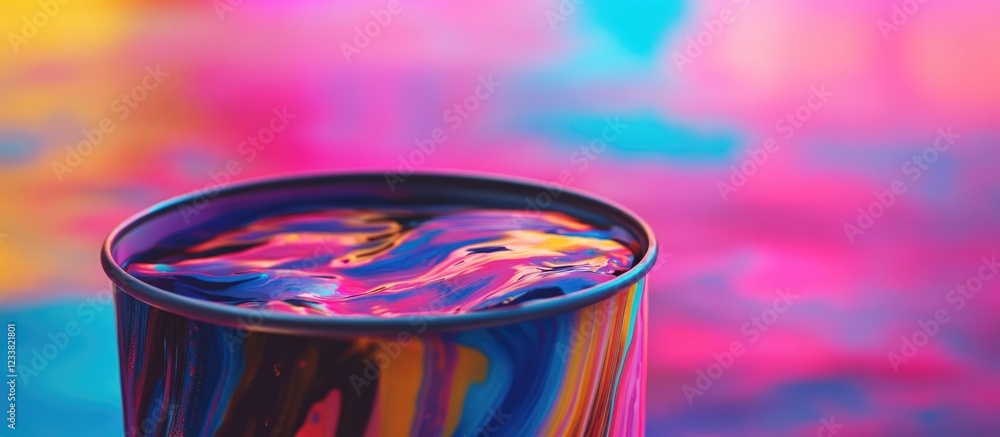 Poster colorful abstract background with vibrant swirling patterns and glossy cup containing liquid in the 