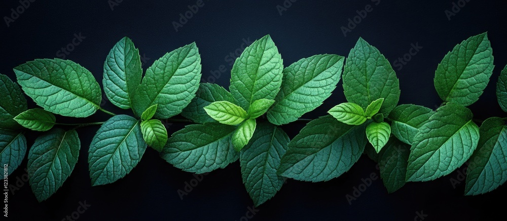 Poster green mint leaves texture with dark background and copy space for text
