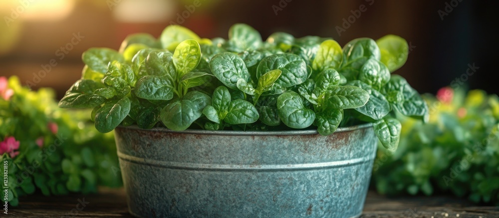 Poster Fresh green potted plants in a rustic metal container with soft sunlight and bokeh background Copy Space