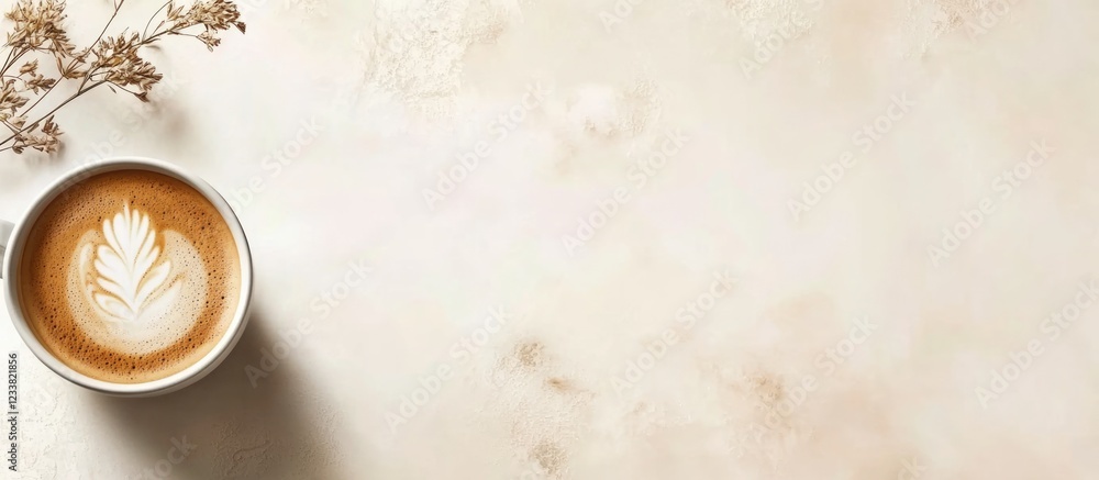Poster Coffee cup with latte art on a light stone background with dried flowers and Copy Space for text or graphics