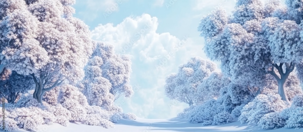 Poster Winter wonderland scene showcasing snow-laden trees and expansive blank space ideal for adding custom text or messaging.