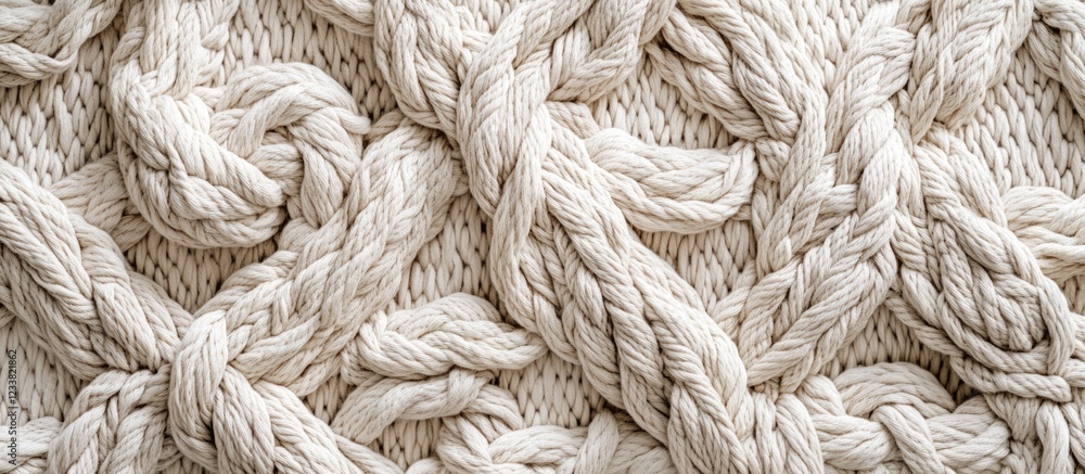Poster textured close-up of knitted cream colored cable pattern with thick yarn detail and copy space for d
