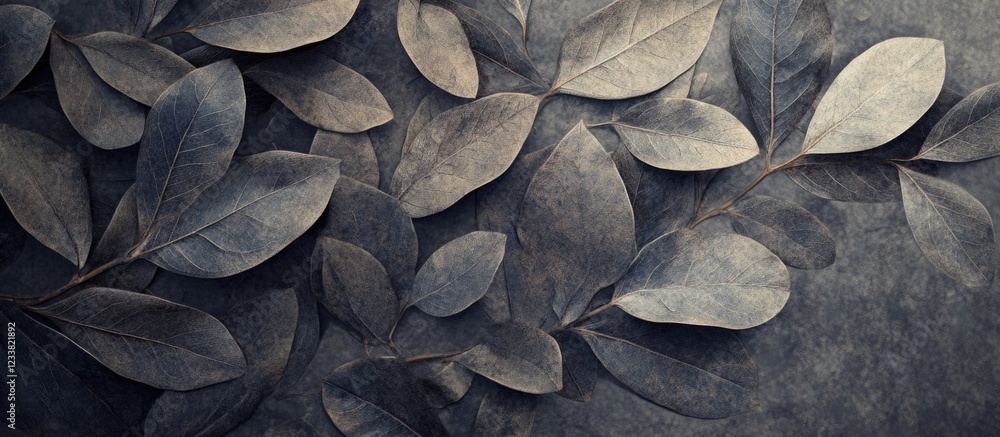 Aufkleber dark textured background with layered leaves in gray tones and organic shapes featuring ample copy s