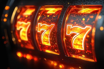 Close-up of a slot machine displaying three glowing sevens.