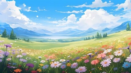 Obraz premium Gorgeous hand-drawn illustration depicting scenic mountains and farmlands, enriched with intricate details and an anime-inspired touch.
