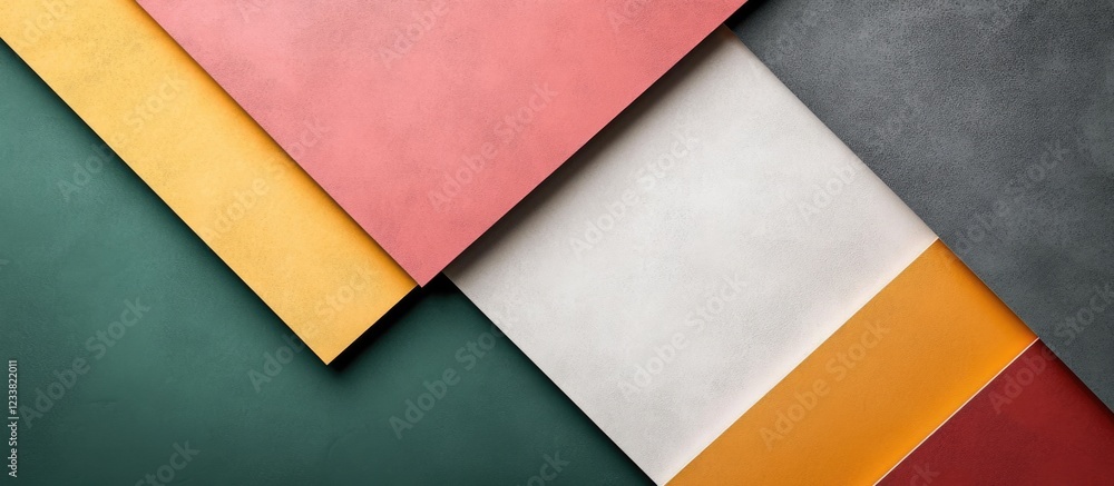 Poster colorful textured paper sheets arrangement with green background and copy space for text.