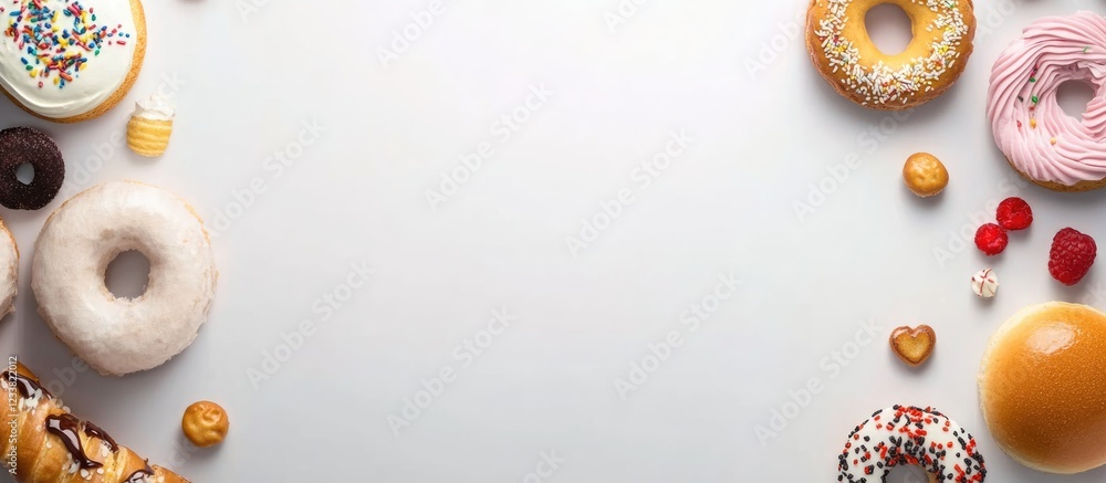 Aufkleber Colorful assortment of assorted donuts and pastries on a light background with Copy Space for text placement