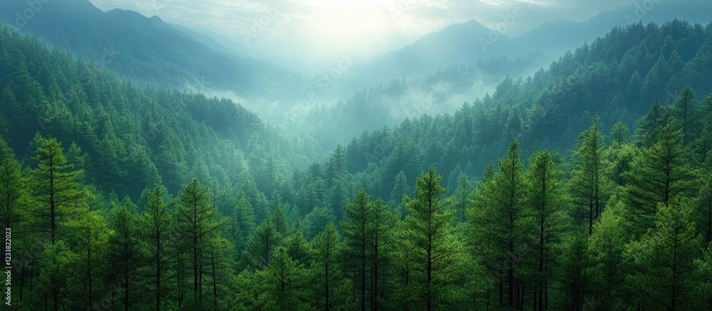 Aufkleber Lush green forest landscape with misty mountains in the background and soft light filtering through the trees Copy Space