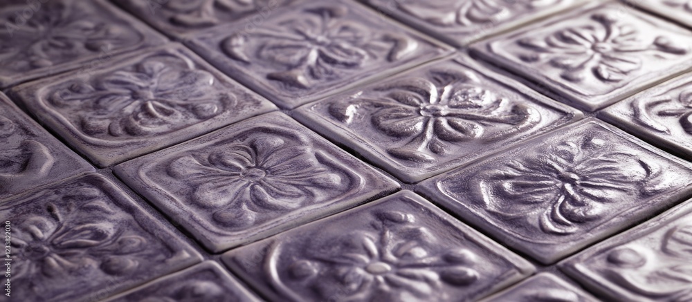 Poster Textured vintage tiles with floral patterns arranged in a decorative layout with depth and shadows Copy Space