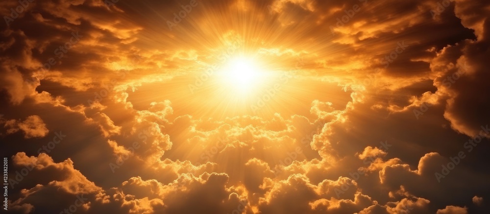 Poster dramatic sunset cloudscape radiating warm light with ample empty space for text or graphic overlays 