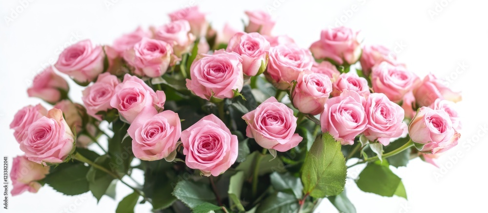 Poster bunch of pink roses with green leaves arranged elegantly on a white background with copy space for t