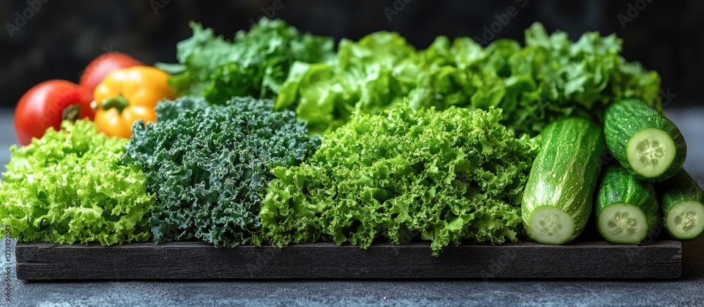 Poster fresh assorted vegetables including cucumbers, tomatoes, and various types of lettuce in a wooden tr