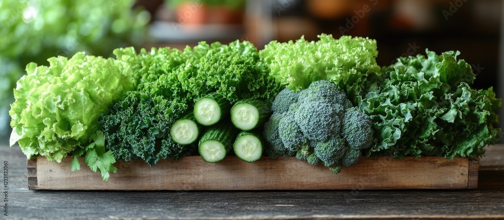 Poster fresh assorted green vegetables including lettuce, cucumbers, and broccoli displayed in a wooden cra