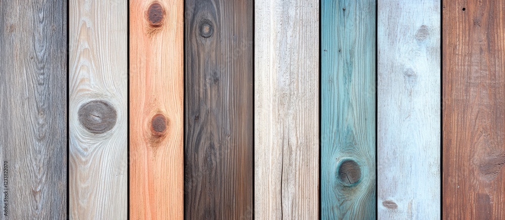Poster assorted textured wooden planks in various colors and finishes with visible grain patterns and knots