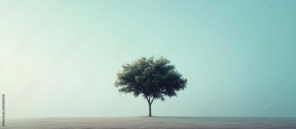 Poster Lonely tree on a minimalist landscape with gradient sky and ample Copy Space for text placement