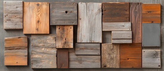 Abstract geometric pattern with various shades of reclaimed wooden planks on textured background