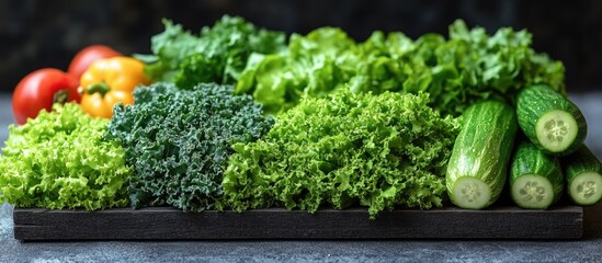 Fresh assorted vegetables including cucumbers, tomatoes, and various types of lettuce in a wooden tray with dark background and Copy Space