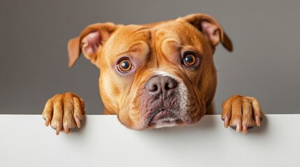 Fototapeta premium Brown dog with expressive eyes leaning over a table with a neutral background Copy Space