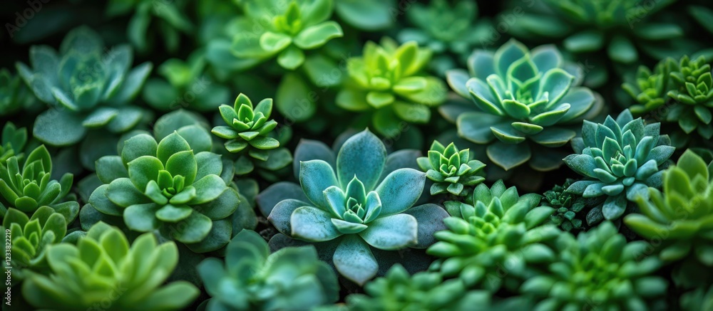 Poster succulent plants in various shades of green arranged in a close-up composition with copy space for t