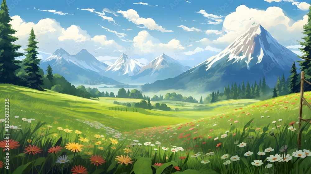 Wall mural Gorgeous hand-drawn illustration depicting scenic mountains and farmlands, enriched with intricate details and an anime-inspired touch.