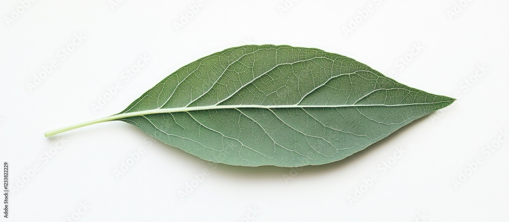 Poster fresh green bay leaf on a white background with copy space for text placement.