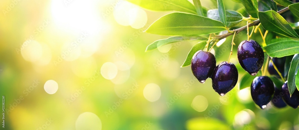 Aufkleber freshly picked olives on a tree branch with sunlight and bokeh background copy space