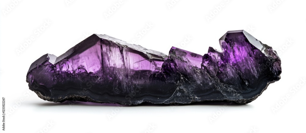 Poster natural amethyst crystal on white background showcasing purple hues with reflections and copy space 