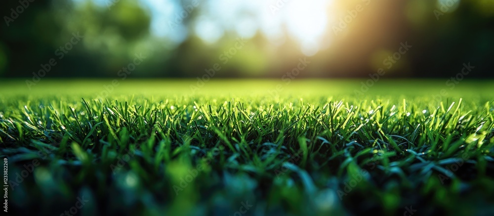 Aufkleber close-up of lush green grass with sunlight filtering through trees in the background copy space