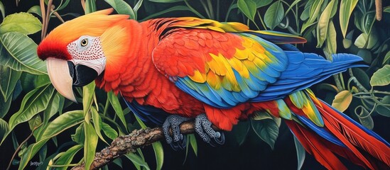 Fototapeta premium Colorful macaw perched on a branch surrounded by lush green foliage with vivid plumage details and bright colors Copy Space