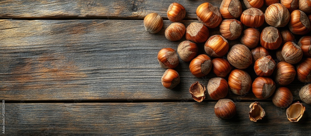 Poster Hazelnuts scattered on rustic wooden background with natural textures and Copy Space for text placement