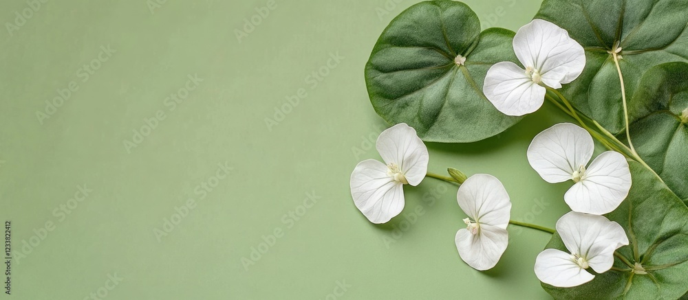 Poster white flowers and green leaves on a light green background with copy space for text placement