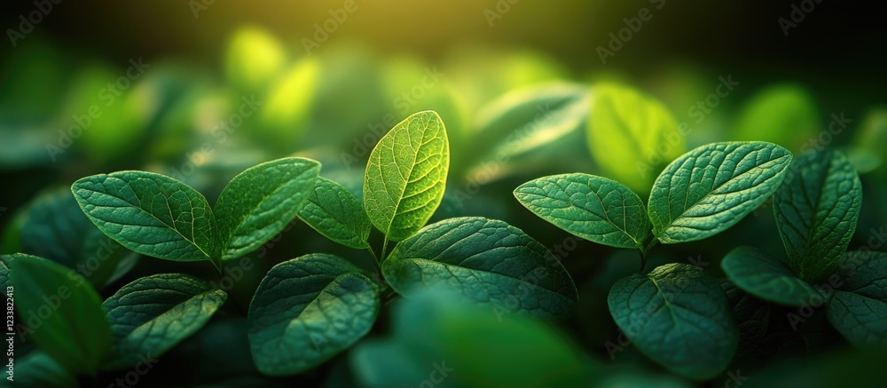 Poster close-up of fresh green leaves with soft lighting and shallow depth of field copy space
