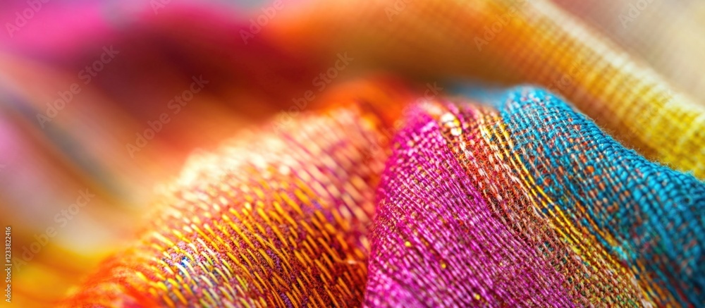 Poster Colorful fabric texture with vibrant hues and soft folds providing a rich visual background and Copy Space for text placement.