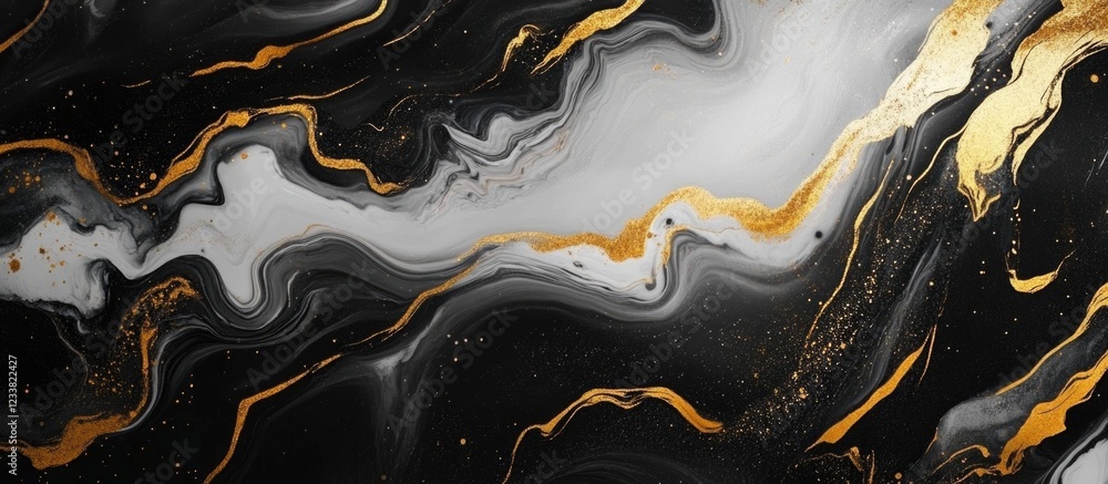 Aufkleber Abstract black and gold marble texture background with white swirls and gradients Copy Space