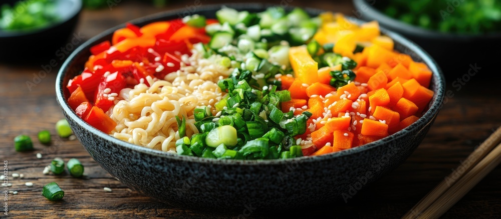 Aufkleber colorful fresh vegetable salad arranged in a bowl with copy space on a rustic wooden table