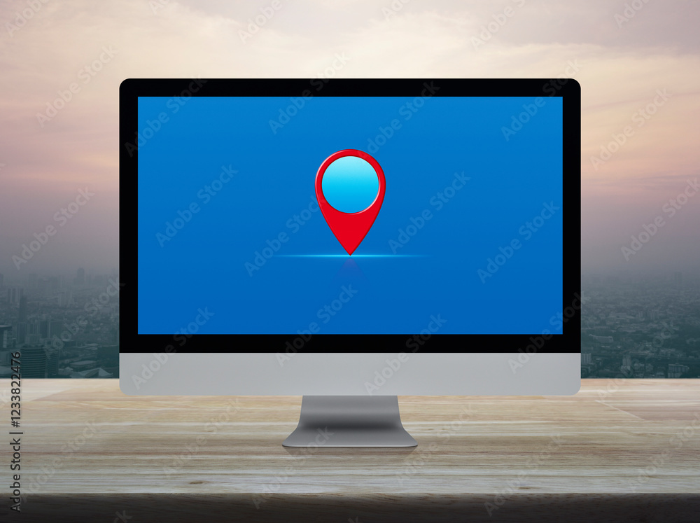 Poster map pin point location button on desktop modern computer monitor screen on wooden table over city to