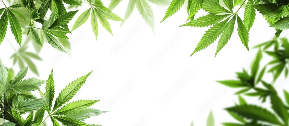 Poster green cannabis leaves border with white background and copy space for text or graphics design usage.