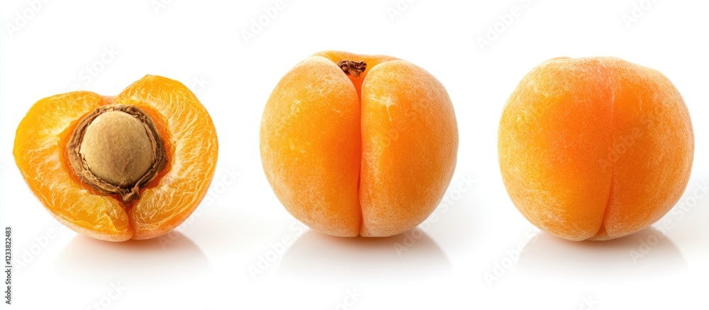 Poster fresh ripe apricots whole and halved showing pit on white background with copy space