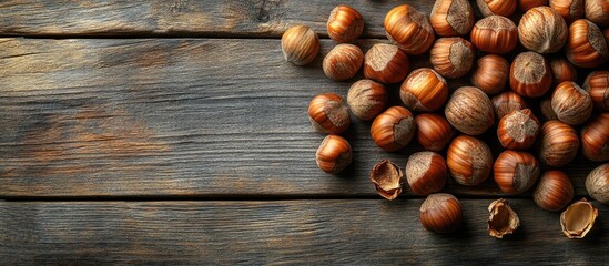 Hazelnuts scattered on rustic wooden background with natural textures and Copy Space for text placement