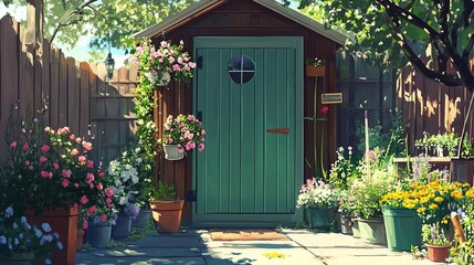 Sunny garden shed, flowers, fence, patio, summer