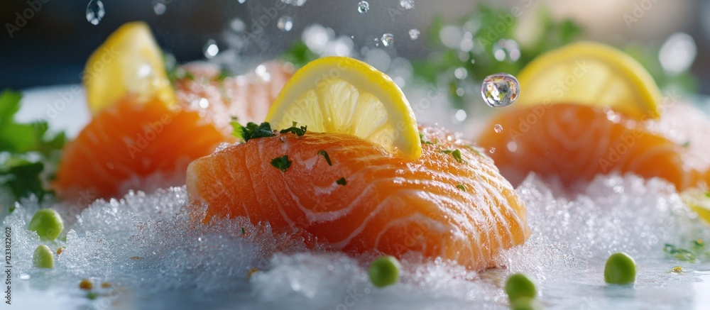 Poster Fresh salmon fillets garnished with lemon slices on ice with water droplets in a culinary presentation Copy Space