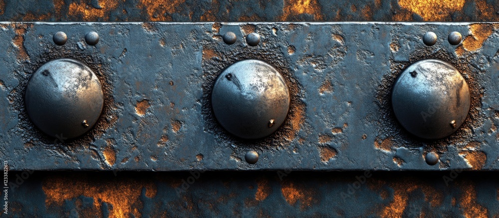 Poster Metallic rivets on a rusty blue surface with textured patterns and Copy Space for overlay text.