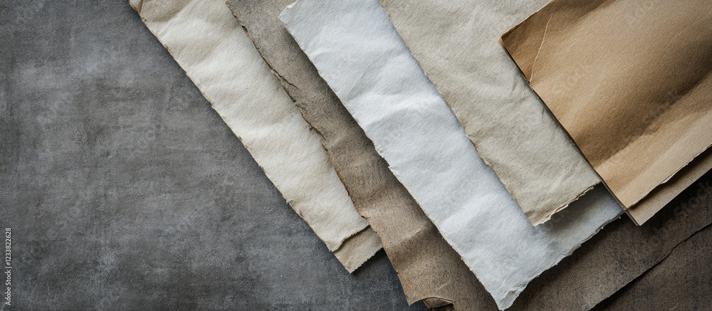 Poster textured fabric swatches in neutral colors arranged on a gray surface with copy space for text place
