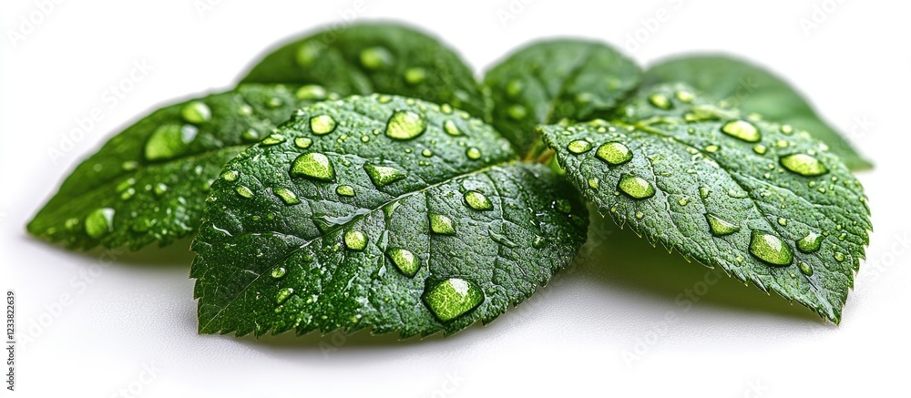 Poster fresh green leaves with water droplets isolated on white background and copy space for text inclusio