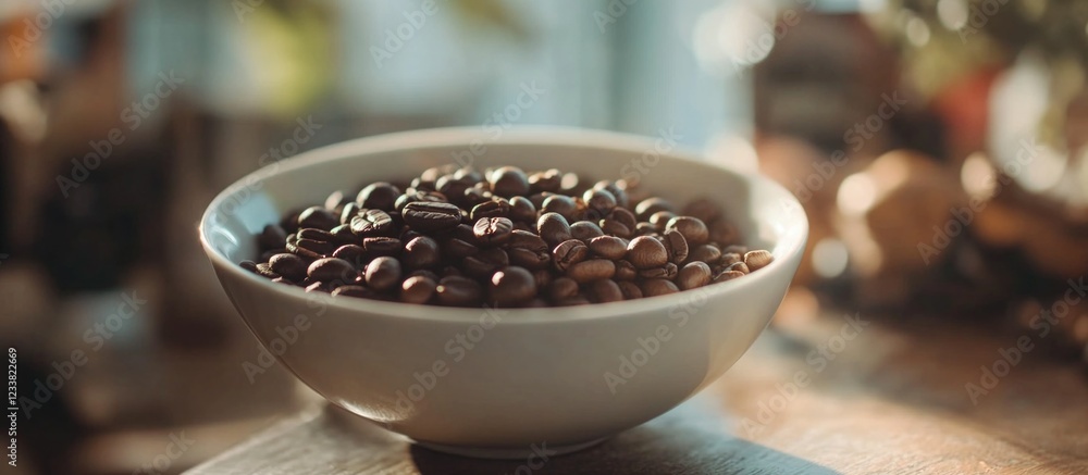 Poster bowl filled with dark coffee beans placed on a wooden surface with blurred background and natural li