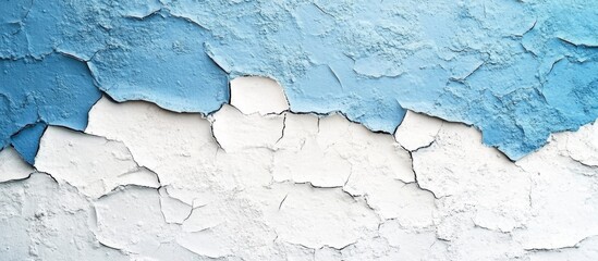 Obraz premium Textured peeling paint in blue and white hues with visible cracks and layers on a wall Copy Space