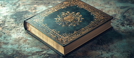 Vintage leather-bound book with ornate gold detailing placed on a textured surface Copy Space